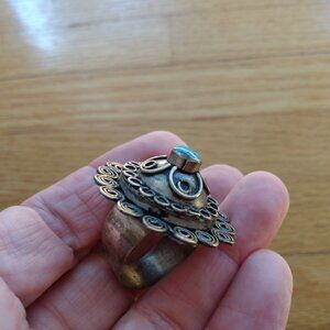 Vintage Silver Tone Turquoise Color Stone Ring Filigree Scroll Domed Design